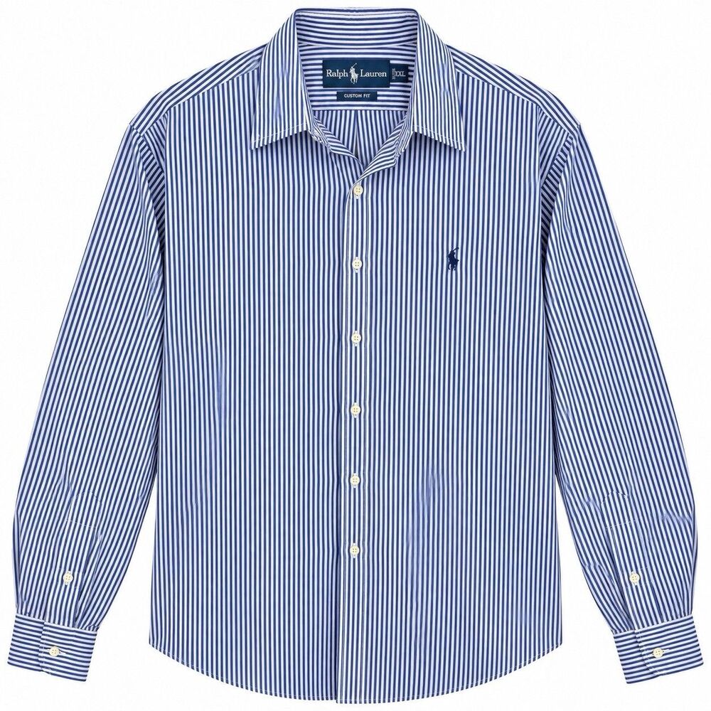 Ralph Lauren Mens XXL Custom Fit Blue White Stripe Button Up Shirt Pony Preppy